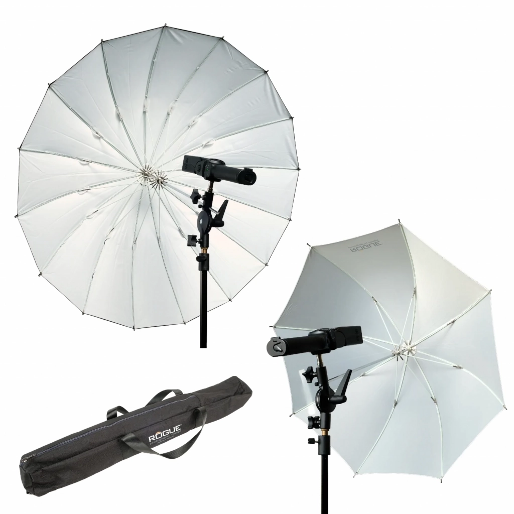 de twee paraplu's in gebruik. De shoot thru en de bounce umbrella. 