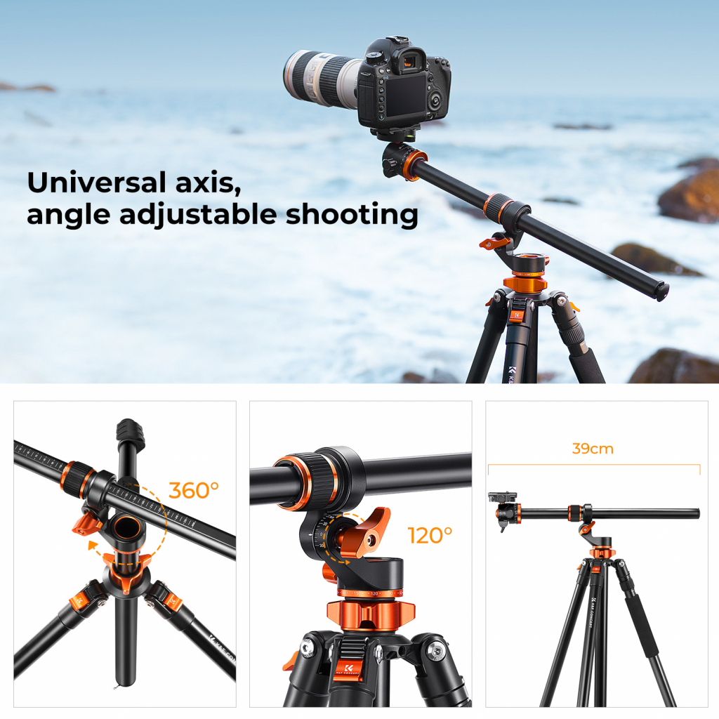 de K&F Concept tripod met kantelbare en uitschuifbare arm